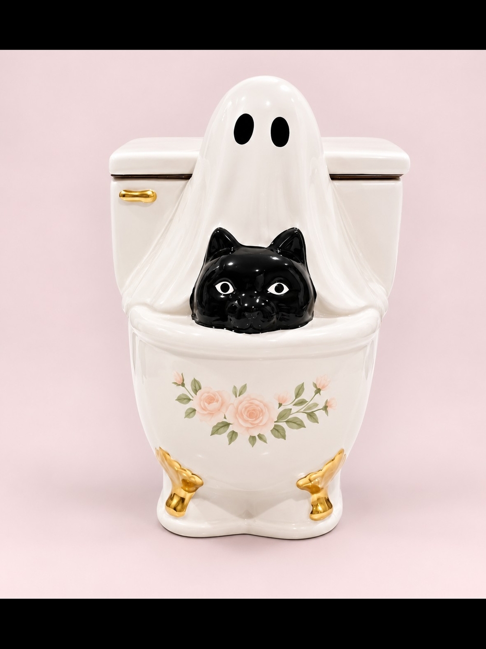 Halloween Ghost and Cat in Tub/ Toilet Cookie Jar